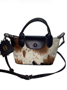 House of Harlow 1960 Brown, Black & White Cowhide Mini Crossbody Satchel